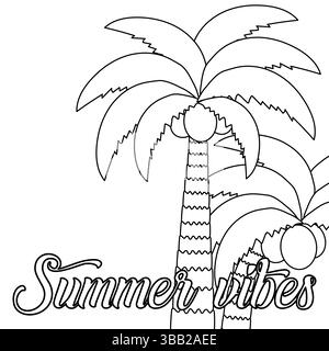 Colorazione con contorno di palme da cocco tropicali. Palme con noci di cocco. Vibrazioni estive. Per intrattenere i bambini, le vacanze, il banner delle vacanze, il nero e il bianco Illustrazione Vettoriale
