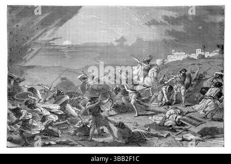 Illustrazione di Giosuè che comanda al sole di stare fermo (Giosuè) dall'Antico XIX secolo la Sacra Bibbia contenente l'Antico e il nuovo Testamento con Foto Stock