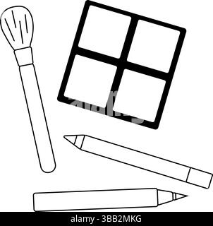 Pennello per il trucco, matita, fodera per occhi, composizione ombre. Illustrazione della linea grafica vettoriale. Sfondo per banne Illustrazione Vettoriale
