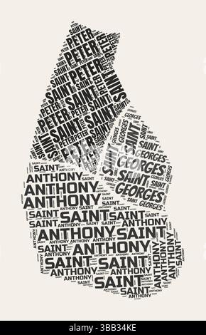 Montserrat Word Cloud. Paese con divisione regioni. Montserrat tipografico nuvole di testo grafica grafica grafica grafica vettoriale. Illustrazione Vettoriale