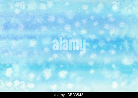 Sfondo blu e bianco sfumato da sogno con stelle simili a fiocchi di neve. Illustrazione dello sfondo del modello acquerello per Natale, modelli invernali, h Foto Stock