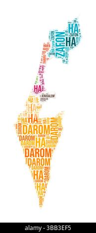 Nuvola di parole della regione di Israele. Design a forma di paese. Illustrazione colorata per Israele. Fumetto collage nomi regione. Illustrazione vettoriale. Illustrazione Vettoriale