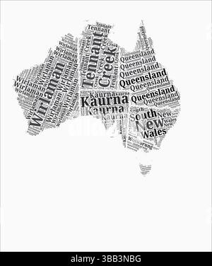 Regioni stile testo Australia. La regione del paese nomina nuvole di parole in lingua inglese. Illustrazione vettoriale VIBRANT. Illustrazione Vettoriale