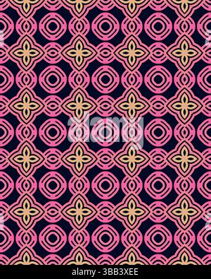 Il vivace motivo geometrico mette in mostra forme intrecciate in rosa e oro su uno sfondo viola profondo, creando un effetto visivo vivace. Foto Stock