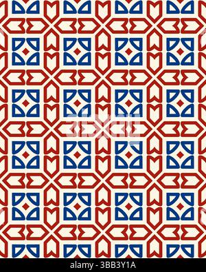 Il design intricato presenta un motivo vivace con forme rosse e blu su uno sfondo bianco pulito, creando un fascino visivo sorprendente. Foto Stock