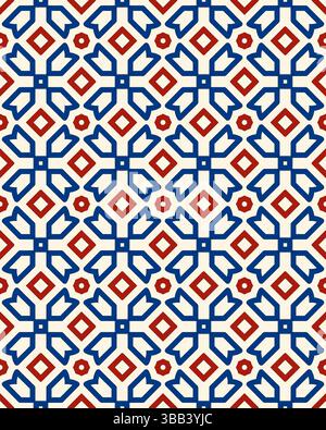 Il motivo decorativo in tessuto mostra forme ripetute in blu, rosso e bianco, evidenziando influenze artistiche culturali e simmetria. Foto Stock