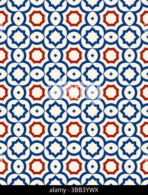 Questo colorato design geometrico presenta stelle e cerchi alternati in rosso, blu e bianco, perfetti per vari usi decorativi. Foto Stock