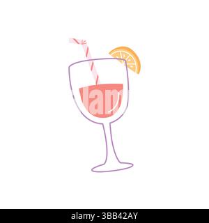 Delizioso cocktail estivo disegnato a mano in un bicchiere pastello con fetta di limone. Illustrazione minimalista e fresca in tonalità rosa e gialle. Perfetto per le vacanze Illustrazione Vettoriale