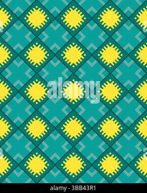 Il design geometrico colorato presenta forme di diamanti gialli su un vivace sfondo color ottanio in un motivo ripetuto. Foto Stock