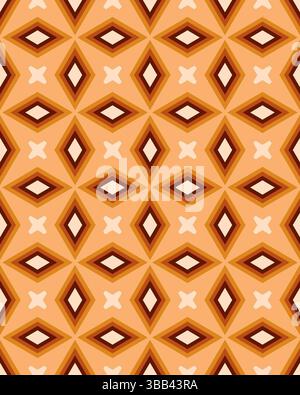 Il design intricato presenta una serie di forme a nido d'ape a incastro, caratterizzate da calde tonalità arancione e marrone su uno sfondo cremoso. Foto Stock