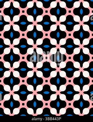 Il design complesso presenta una vivace disposizione di forme in blu, rosa e bianco su uno sfondo scuro. Foto Stock