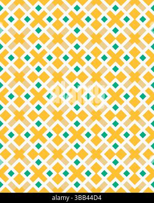 Il design geometrico colorato presenta diamanti gialli e croci color acqua su uno sfondo bianco, creando un intricato motivo visivo. Foto Stock