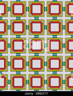 Forme geometriche luminose e audaci creano un vivace motivo di quadrati e linee a strati, offrendo un'estetica contemporanea per varie applicazioni. Foto Stock