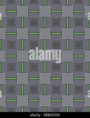 Il colorato motivo geometrico presenta quadrati grigi alternati e linee verdi vivaci su uno sfondo scuro, creando un effetto visivo accattivante. Foto Stock