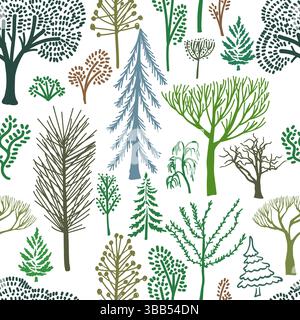Struttura alberata senza cuciture. Semplici disegni per bambini. Foresta. Motivo senza cuciture. Disegno a mano. Non IA. Illustrazione vettoriale Illustrazione Vettoriale