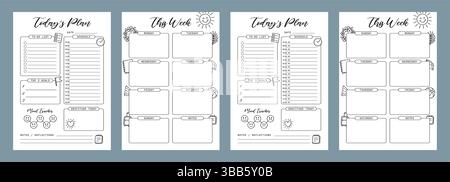 Set di piani settimanali e giornalieri Summer Journal modello di pagina stampabile per la pianificazione, illustrazione vettoriale, formati A4 e A5, stile a doodle disegnato a mano. Pagine di pianificazione b Illustrazione Vettoriale