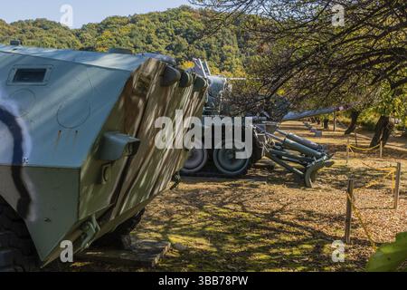 Daejeon, Corea del Sud. 27 ottobre 2019: Vista laterale del portello posteriore sulla portaerei corazzata personale Fiat CM6614 in mostra al National Cemetery Foto Stock
