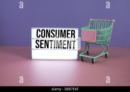 Testo dell'opinione dei consumatori sulla scatola luminosa a LED con carrello della spesa su sfondo geometrico rosa e viola Foto Stock
