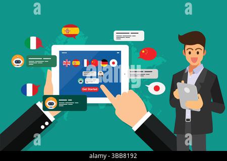 Uomo d'affari che impara diverse lingue straniere attraverso il tablet in mano. Illustrazione del concetto di apprendimento multilingue. Illustrazione vettoriale Illustrazione Vettoriale