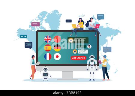 Apprendimento online di diverse lingue straniere. Illustrazione del concetto di apprendimento multilingue. Formazione online con intelligenza artificiale. Illustrazione Vettoriale