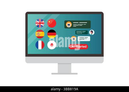 Apprendimento online di diverse lingue straniere sullo schermo del computer. Illustrazione del concetto di apprendimento multilingue. Illustrazione Vettoriale
