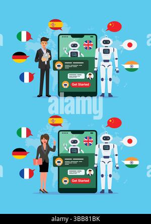 Uomo d'affari e donna che imparano diverse lingue straniere con chat bot. Chat GPT. Intelligenza artificiale. Illustrazione vettoriale Illustrazione Vettoriale