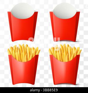Patatine fritte in sacchetto di carta rosso isolate su sfondo trasparente. Deliziose scatole di fast food con patate francesi. Vuoto e pieno. Vettore 3d realistico Illustrazione Vettoriale