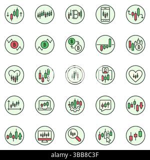 Set di icone rotonde colorate per il Crypto Trading - raccolta di segni del concetto di investimento in criptovaluta e Trading del mercato azionario Illustrazione Vettoriale