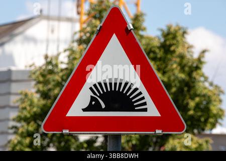 Cartello segnaletico di passaggio Hedgehog su Austrian Road Foto Stock