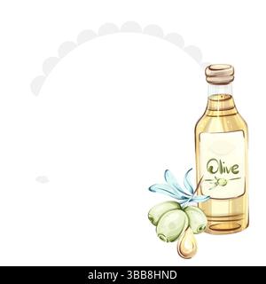 Olive e olio d'oliva illustrati in acquerello che mostrano l'essenza della cucina italiana e della natura cornice, bordo, disposizione Illustrazione Vettoriale