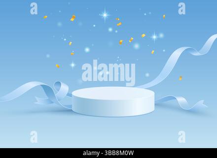 Elegante podio rotondo bianco con nastri di seta blu fluente su sfondo pastello con coriandoli e stelle dorate. Piattaforma con delicati streamer galleggianti Illustrazione Vettoriale