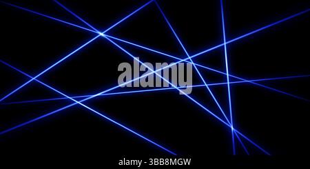 Raggi laser blu intersecanti, strisce luminose. Illustrazione vettoriale astratta isolata su sfondo nero. Illustrazione Vettoriale