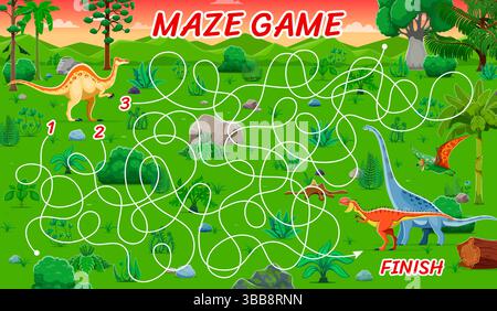 Gioco labirinto per bambini, aiuta i dinosauri a trovare il foglio di lavoro vettoriale del quiz del puzzle di uscita. Simpatico labirinto di dinosauri con labirinto e cartoni animati titanosauria, monolofosaurus e tapejara dino Illustrazione Vettoriale