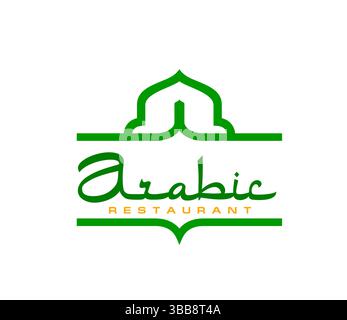 Ristorante arabo icona della cucina araba e bar dei pasti, emblema vettoriale. Ristorante Arabo icona della moschea musulmana verde e lettere di stile Arabo per piatti halal e piatti orientali menu da gastro bar Illustrazione Vettoriale
