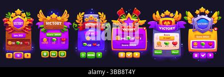 Set di banner e cornice di gioco Victory, risorse vettoriali dell'interfaccia utente. Cornici dei cartoni animati, pulsanti di interfaccia, tabelloni dei punteggi dei vincitori e schermate di menu con stelle dorate, ali, scudi, corone e striscioni a nastro Illustrazione Vettoriale
