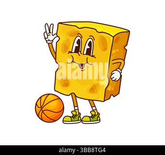 Personaggio di formaggio con faccia divertente e palla da basket, emoji vettoriale dei cartoni animati. Pezzo di formaggio con fori nelle scarpe hipster con gesti di tendenza che giocano a basket per il personaggio dei cartoni animati Illustrazione Vettoriale