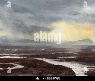 Acquerello realistico montagna fiume paesaggio illustrazione, serena scena naturale Foto Stock