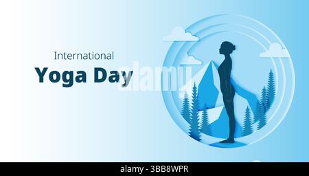Giornata Internazionale dello Yoga. Modello orizzontale. Tadasana o Mountain pose. Design tagliato carta. Illustrazione vettoriale isolata. Illustrazione Vettoriale