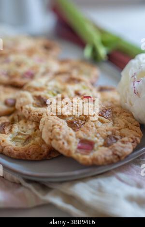 dolci biscotti al rabarbaro fatti in casa con cioccolato bianco Foto Stock