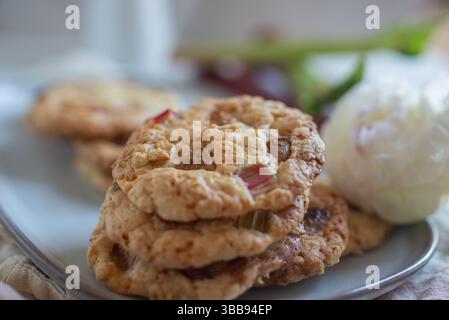 dolci biscotti al rabarbaro fatti in casa con cioccolato bianco Foto Stock
