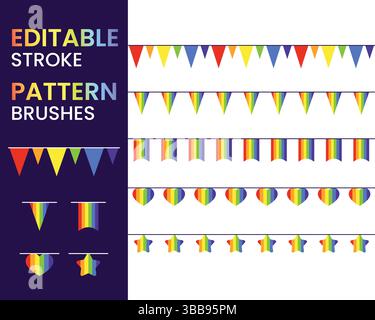 Set di pennelli con motivo per striscioni arcobaleno Pride, pacchetto di pennelli colorati Garland modificabili, modello di disegno vettoriale con bandiera a stella a cuore Illustrazione Vettoriale