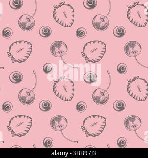 Motivo senza cuciture di fragola mirtillo e ciliegia. Sfondo del cibo vettoriale disegnato a mano. Grafica line art di bacche dolci nello stile perfetto Illustrazione Vettoriale
