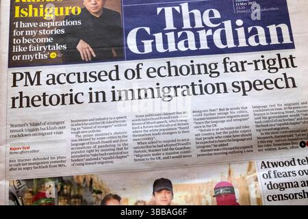 Starmer 'PM accusato di riecheggiare la retorica di estrema destra nel discorso sull'immigrazione' titolo del giornale Guardnan 13 maggio 2025 Londra Regno Unito Gran Bretagna Foto Stock