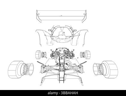 Disegno del motore di un'auto con le parti etichettate. Il disegno è in bianco e nero e il motore è mostrato in dettaglio Illustrazione Vettoriale