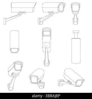 Una serie di disegni di telecamere di sicurezza. I disegni sono tutti in bianco e nero. La prima fotocamera si trova sul lato sinistro dell'immagine e l'ultima Illustrazione Vettoriale