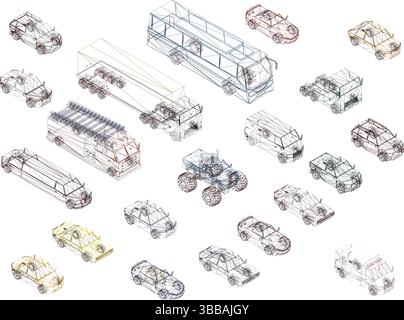 Un disegno di molti tipi diversi di veicoli, tra cui auto, camion e autobus. Concetto di caos e congestione, dato che i veicoli sono tutti pieni di clos Illustrazione Vettoriale