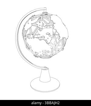Un globo è mostrato in un disegno in bianco e nero. Il globo è realizzato in metallo e ha un supporto. Il globo non è in uso ed è seduto su un tavolo Illustrazione Vettoriale