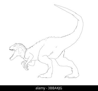 Un dinosauro è disegnato in bianco e nero. Il dinosauro sta camminando e ha la bocca aperta. Il disegno è semplice e pulito, senza dettagli o ombreggiature Illustrazione Vettoriale
