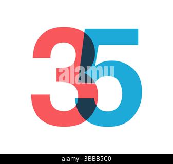35 cifre rosse e blu sovrapposte con effetto trasparente, evocano modernità, gioia ed energia. Design del numero di anniversario per branding e grafica dell'evento Illustrazione Vettoriale