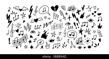 Festival di musica punk rock con sfondo disegnato a mano. Design femminile Emo Goth Doodle. Stella, forma del cuore, fiamma, amore e romantici disegni scritti a mano. Nota: Illustrazione Vettoriale